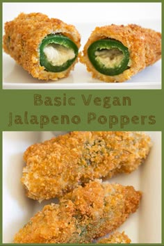 some type of food on a white plate with green trimmings and the words basic vegan jalapeno poppers