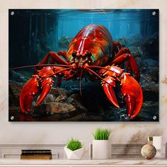 a painting of a red crab in the ocean