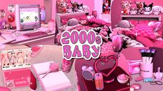 a pink bedroom with teddy bears and other items