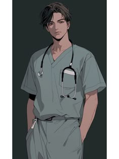 a man in scrubs with a stethoscope standing next to his back