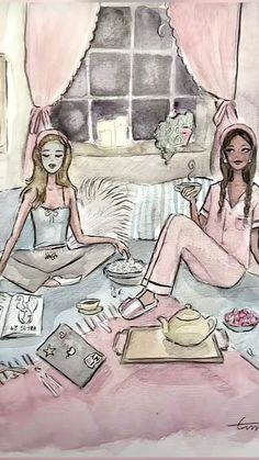 two women are sitting on the bed and having tea