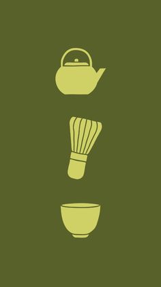 the silhouettes of kitchen utensils are shown in green and white on a dark background