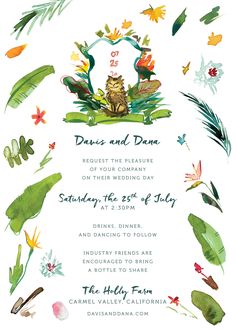 the wedding card is designed with watercolor flowers, leaves and cats on white paper