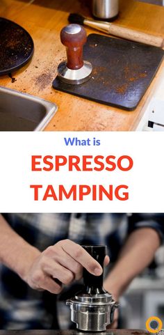 the words what is espresso tamping on top of a coffee grinder