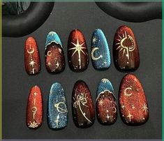 Moon And Stars Manicure, Sun And Stars Nails, Deep Contrast Makeup, Sun Moon Nail Art, Blue Witch Nails, Fall Witch Nails, Witchy Gel Nails, Steampunk Nail Art, Sun And Moon Nails Design