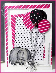 a card with balloons and an elephant on it