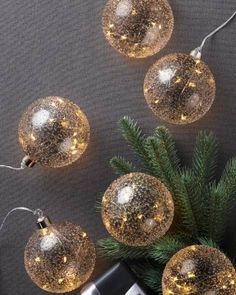 christmas lights are hanging on the wall next to a fir tree and an electronic device