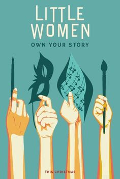 the cover of little women own your story, with hands holding up torches and masks