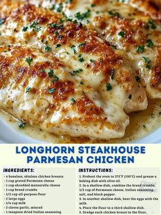 an advertisement for the longhorn steakhouse parmesan chicken recipe on a plate