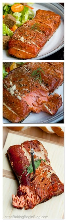 three different views of salmon on a cutting board and in the process of being grilled