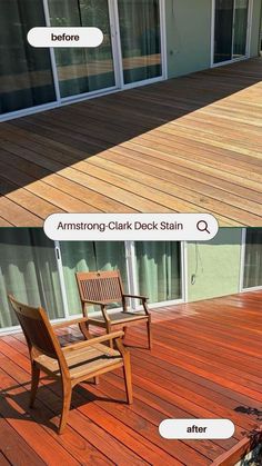 before and after photos of deck staining on a home's wooden patio area