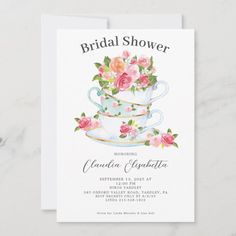 the bridal shower tea party card is shown on a white background with pink flowers