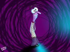 a cartoon character standing in front of a purple background with blue and black swirls