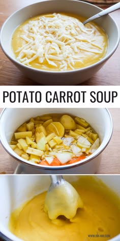 two pictures showing how to make potato carrot soup