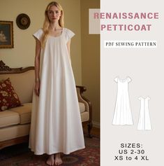 Renaissance Petticoat Sewing Pattern, Chemise PDF Sewing Pattern, Vintage Dress Patterns, Regency,    Elvish dress, Regency, Nightgown Pattern, ✔️ US Sizes: 2, 4, 6, 8, 10, 12, 14, 16, 18, 20, 22, 24, 26, 28, 30 ✔️ Standard sizes: XS, S, M, L, XL, 2XL, 3XL, 4XL/5XL ✔️These templates are suitable for A4, A0 and US Letter size paper. When you purchase this pattern, you will receive a digital (pdf) sewing pattern and instructions. Once your payment processes, you will automatically receive a download links of pattern files. If you have any problem accessing the files, please don't hesitate to contact me. ✔️ETSY WILL ONLY LET YOU DOWNLOAD FROM A COMPUTER, PHONE OR IPAD WILL NOT WORK. ✔️THIS IS A DIGITAL PRODUCT ✔️YOU WILL RECEIVE ZIP FILE INCLUDING DOWNLOAD LINKS FOR THE PATTERN AND SEWING INS Medieval Nightwear, Vintage Nightgown Pattern Free, Simple Nightgown Pattern, Medieval Sewing Patterns, Sewing Nightgown, Kaftan Pattern Sewing, Regency Nightgown, Vintage Nightgown Pattern, Night Dress Pattern