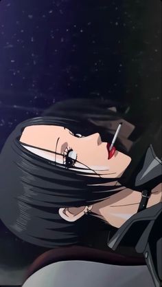 a woman with long black hair is holding a pen in her hand and looking at the sky