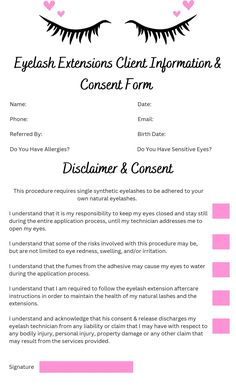 "Eyelash Extension Forms - Lash Consent & Waiver Form- Lash Artist Forms-Client Consent Forms *This is an instant download digital template* You can download this template within minutes of purchasing.   *This is a digital template only* HOW IT WORKS: 1.Purchase the item 2.Download the Access PDF directly from your Etsy account.  Go to your account- Purchase and Reviews- Click \"Download files\" 3.Open PDF and click template link 4.Open CANVA- Download as PDF- Print *Please Note* Etsy does not a Lashes Consent Form, Eyelash Extension Consent Form Free, Lash Extension Waiver Form, Lash Waiver Form, Lash Extension Client Intake Form, Lash Beginner Prices, Lash Extension Consultation Form, Lash Client Forms, Eyelash Extension Consent Form