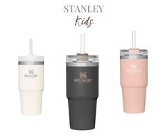 three different colored tumblers with straws in them and the words stanley kids on it