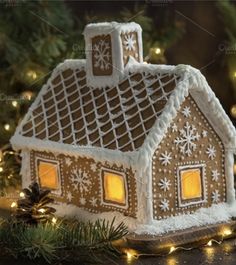 a lit up gingerbread house sitting on top of a table next to pine cones