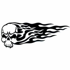 a black and white skull with flames on it