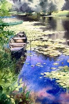 a painting of a boat on the water with lily pads