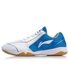 a white and blue tennis shoe