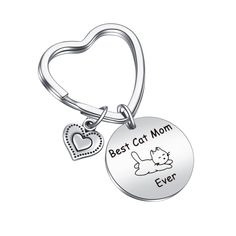 the best cat mom ever keychain is shown with a heart shaped charm on it