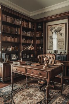 an old fashioned desk in the corner of a room with lots of bookshelves