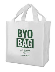 a white shopping bag with the words byo bag printed on it's front