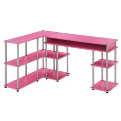 a pink desk with three shelves on each side