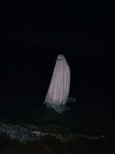 a ghost in the water at night with its head covered by a white cloth on it's back