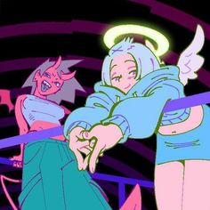 an animated image of two people with angel wings on their heads, one holding the other's hand