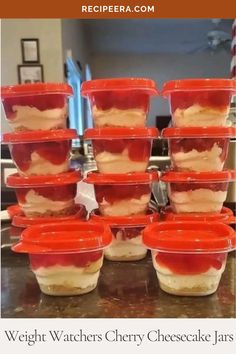 there are many desserts in plastic containers stacked on top of each other, ready to be eaten