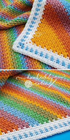 the crocheted blanket has been made with yarn