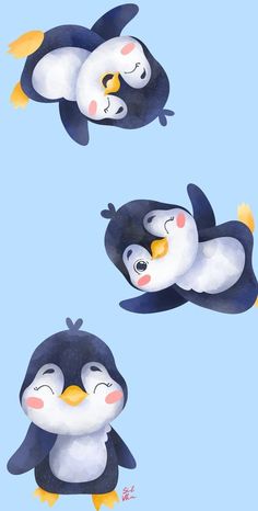 three penguins are flying in the air together, one is sleeping and another is smiling