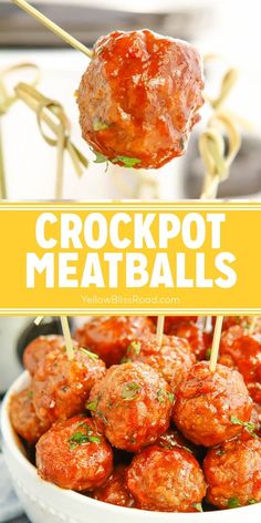 crockpot meatballs with toothpicks in a white bowl on a stick