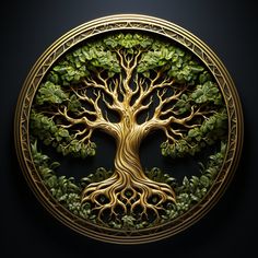 a golden tree with green leaves in a circular frame on a black background is the symbol of life