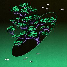 an image of a green and black background with birds flying around the tree in the foreground