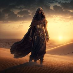 a person in a desert with the sun setting behind them