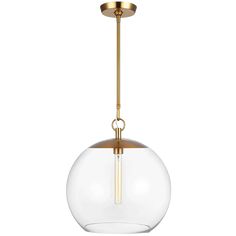 a gold and clear glass globe light fixture with a brass metal rod, hanging from the ceiling