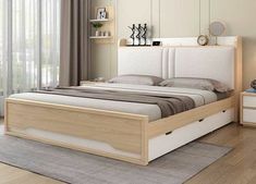 a bed room with a neatly made bed and two night stands