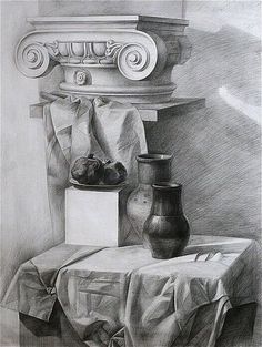 a pencil drawing of a vase and fruit on a table with a curtain in the background