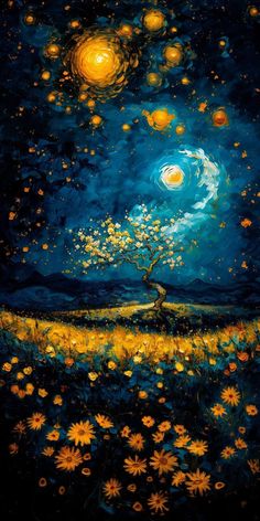 an oil painting of a tree in the middle of a field with yellow flowers on it