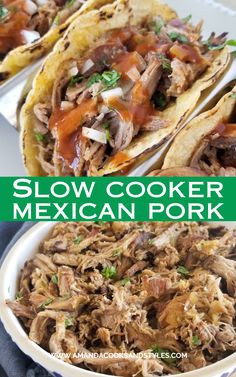 slow cooker mexican pork tacos on a white plate with text overlay that says slow cooker mexican pork