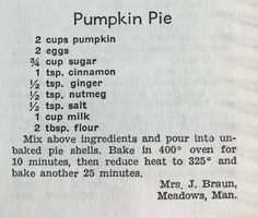 a recipe for pumpkin pie with instructions on how to bake it in the oven