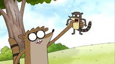 a cartoon character holding onto a tree while another person holds on to the branch with their hand