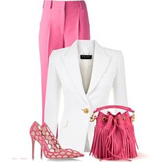 Pink & White by sonies-world on Polyvore featuring Balmain, Valentino, Gianvito Rossi and Yves Saint Laurent Empress Dress, Pink Pants Outfit, Light Pink Pants, Trouser Outfits, Mini Dress Casual, Diva Fashion, White Jacket, Hot Outfits