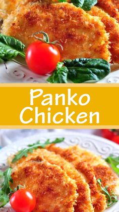 panko chicken on a plate with tomatoes and spinach