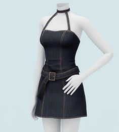 a female mannequin wearing a denim dress with an adjustable neckline and belt