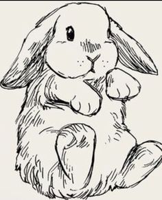 a black and white drawing of a bunny sitting on the ground with its legs crossed